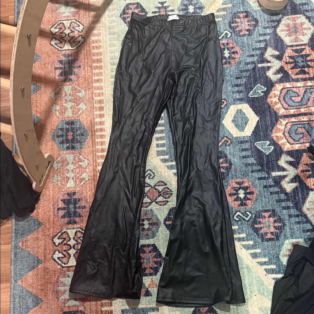 Women's Black Faux Leather Flare Pants